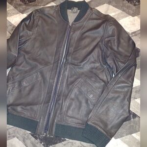 A/X Armani Exchange Men's Dark Blue Leather Bomber Reverseable Jacket